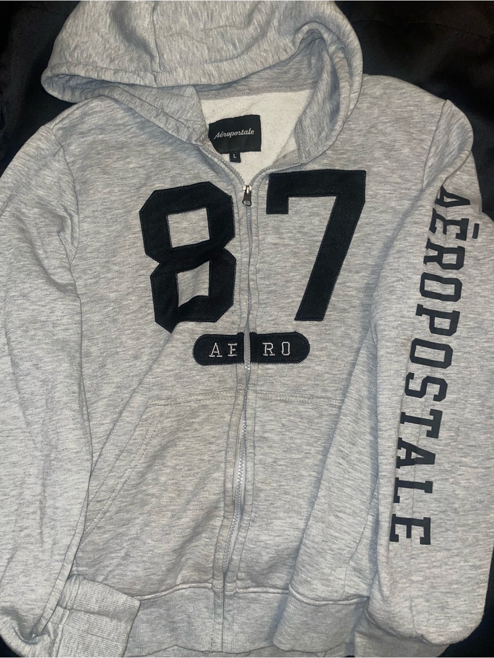 Aeropostale Light Gray Full-Zip Hoodie with Navy '87' Graphic